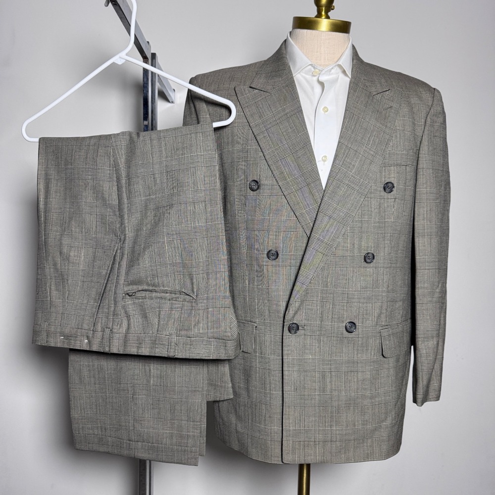 Marc Jeffries Suit Mens 40 35x28 Grey Glen Plaid‎ Double Breasted Wool Vintage